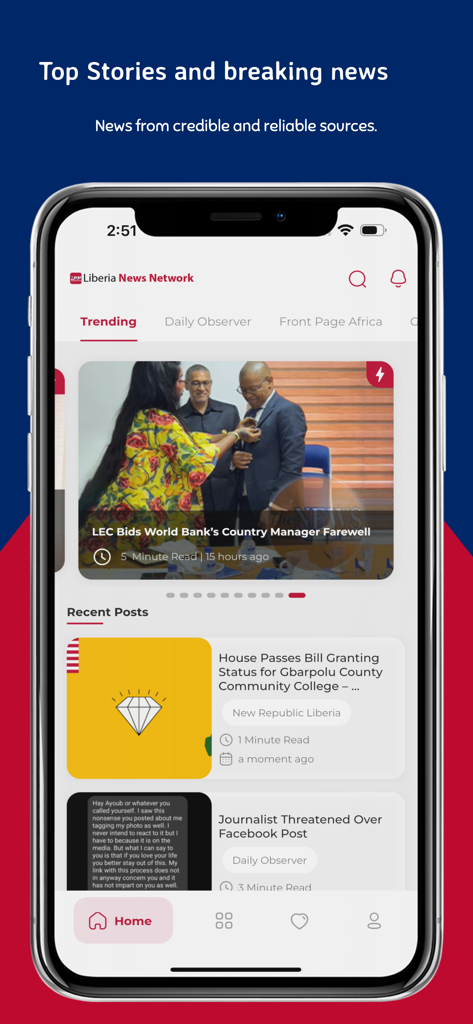 Liberia News Network (LNN) - 라이베리아 뉴스 네트워크 앱의 홈 화면에 라이베리아의 인기 및 최신 뉴스 기사가 표시됩니다.