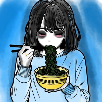 a girl realistic eating ramen noodles