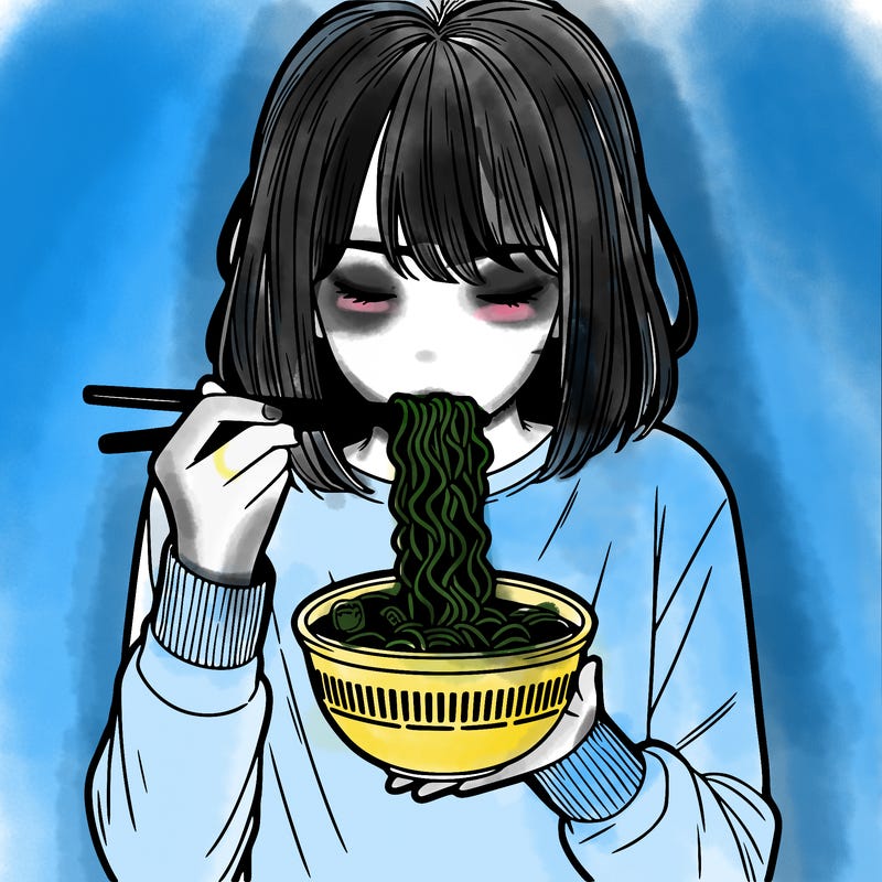 a girl realistic eating ramen noodles