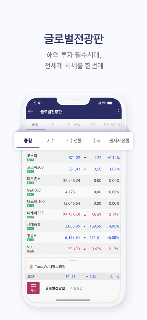 키움증권 영웅문S#(NEW) - 키움증권 영웅문S# 앱이 KOSPI, Dow Jones, S&P 500과 같은 지수가 포함된 글로벌 주식 시장 대시보드를 표시하는 모습
