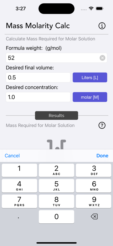 Mobile app interface for calculating the mass required for a molar solution showing input fields for formula weight volume and concentration
