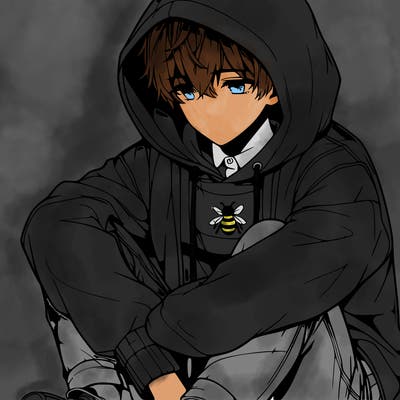 realistic anime boy sitting down with his hoodie bee his head looking down