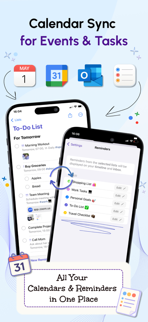 Simplified app showing calendar sync and reminders integration for events and tasks