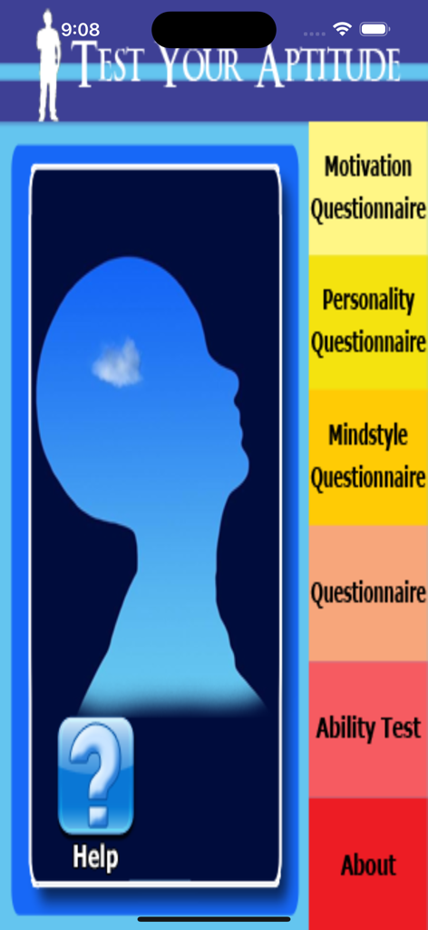 Test Your Aptitude - Main menu of the Test Your Aptitude app showing options for personality and ability tests