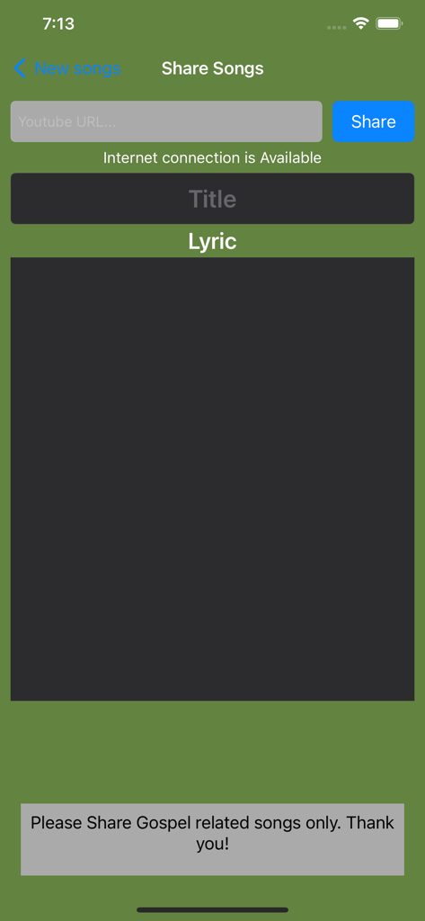 Myanmar Hymnal - Interface for sharing gospel songs within the Myanmar Hymnal app including title, lyrics, and YouTube link fields