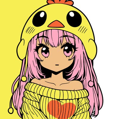 anime girl with chick shaped hat with sweater with bare shoulders with bangs covering them one eye with low tail