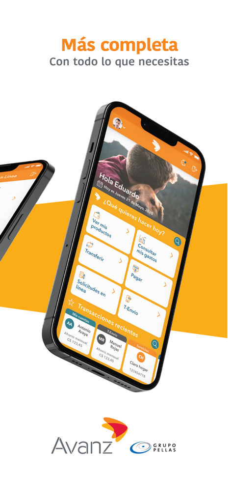 Interfaz de la aplicación de banca móvil Avanz Móvil que muestra el panel personal con opciones de transferencia y pago.