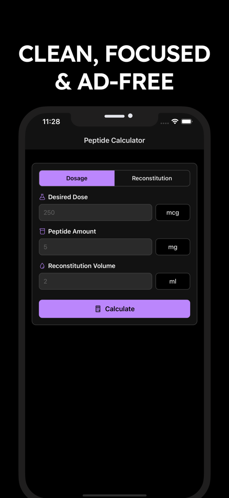 A mobile app interface for calculating peptide dosage with fields for desired dose and reconstitution volume