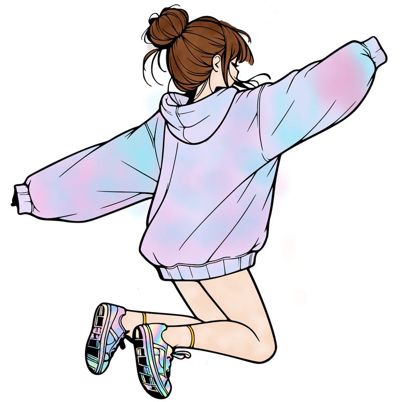 realistic girl jumping with a bun and oversized sweatshirt