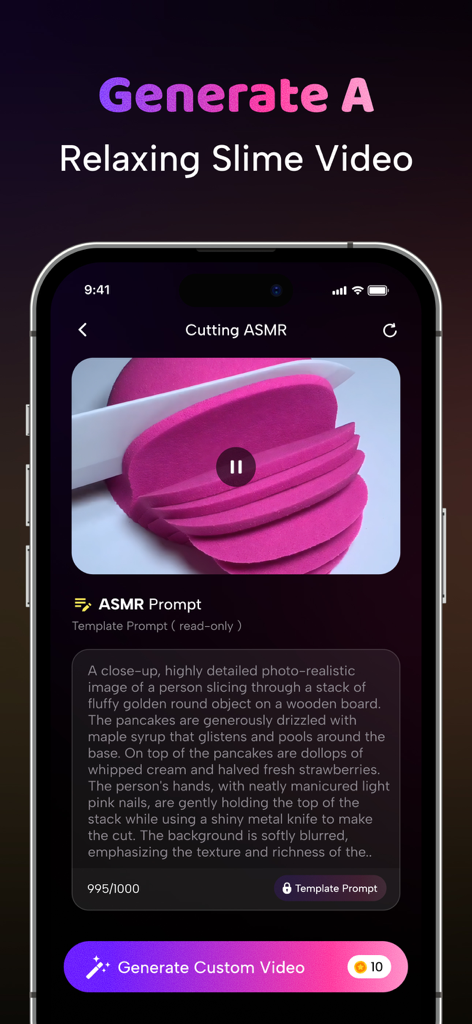 AI ASMR Video Generator: Relax - AI ASMR Video Generator app interface showing a relaxing sand cutting video and a custom text prompt field