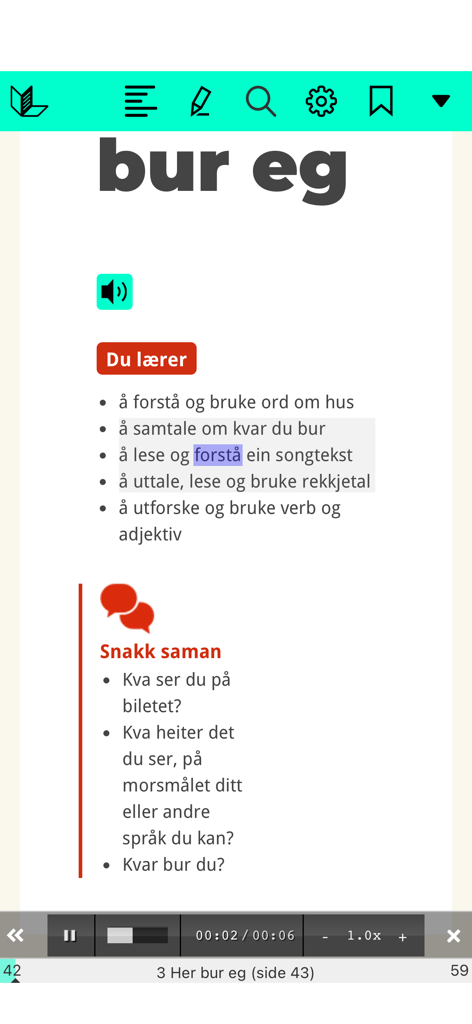 Unibok - Unibok educational app interface showing a digital textbook page with integrated audio playback and study tools.
