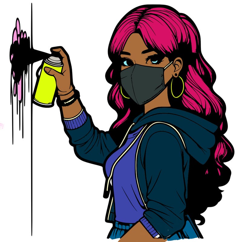 realistic girl with mask spray painting a wall