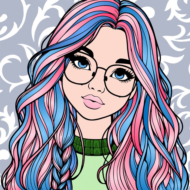 girl with long hair and freckles and glasses realistic