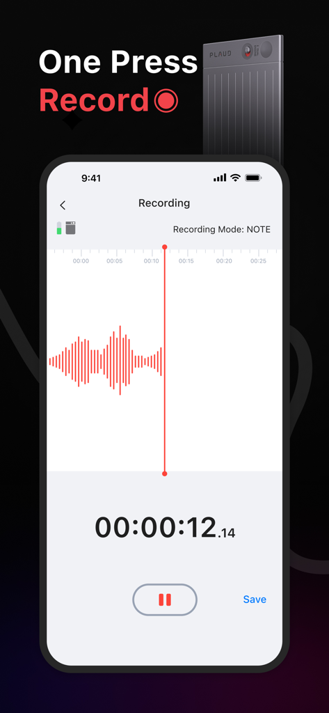 PLAUD Business app recording screen showing waveform and timer