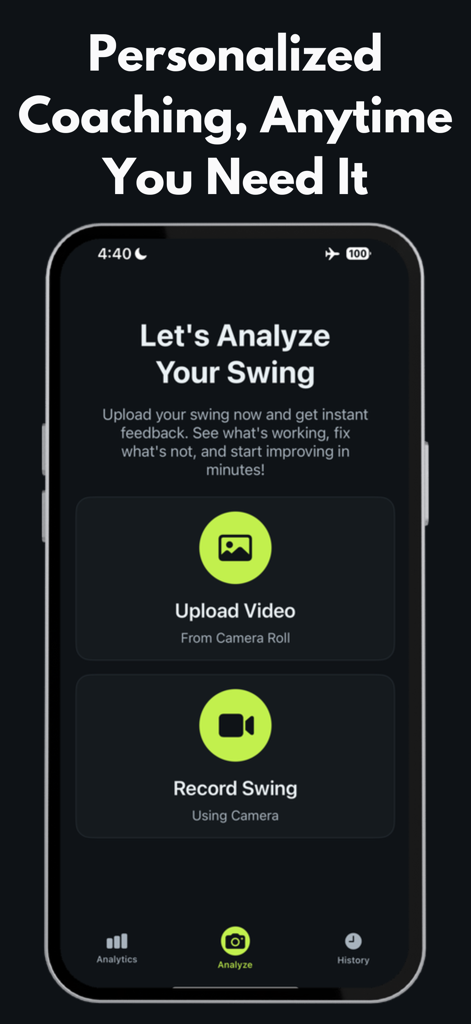 Pantalla de la aplicación móvil del analizador de swing de golf SwingX AI mostrando opciones para subir o grabar un swing.