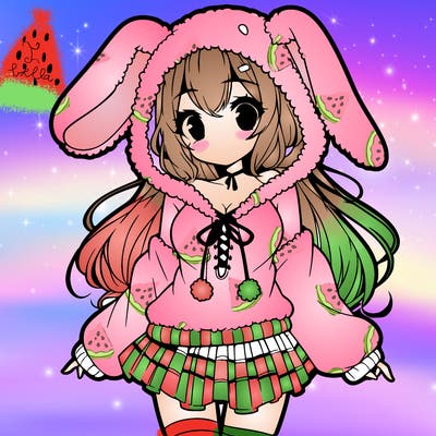 pretty anime girl wearing a fluffy hoodie with bunny ears on the hood and a skirt