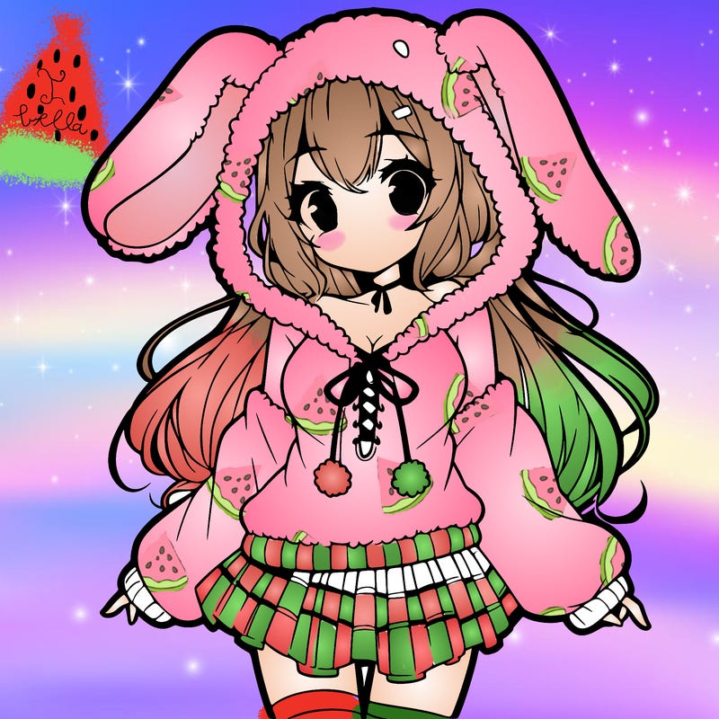 pretty anime girl wearing a fluffy hoodie with bunny ears on the hood and a skirt