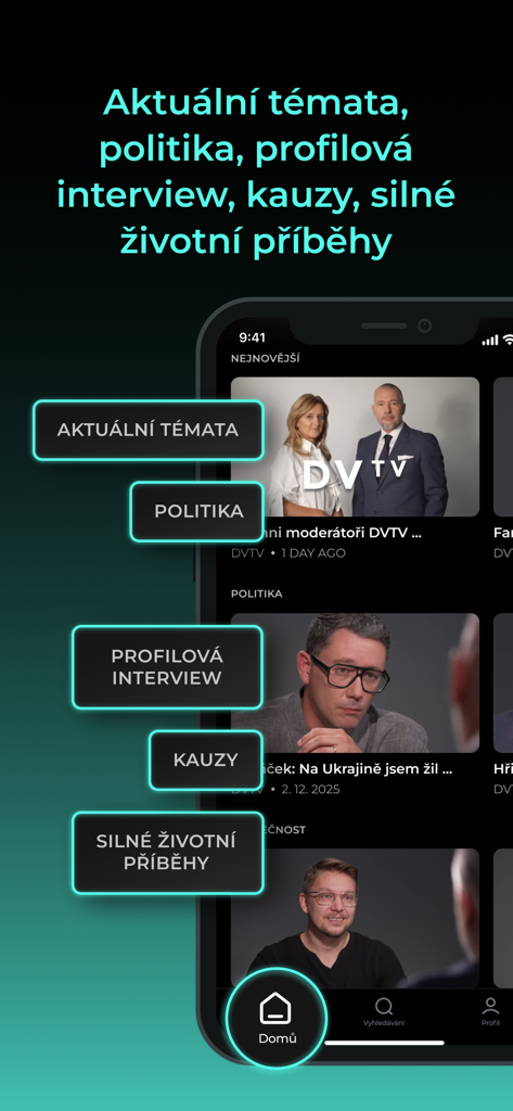 DVTV - DVTV mobile app interface showing various news categories like politics and interviews