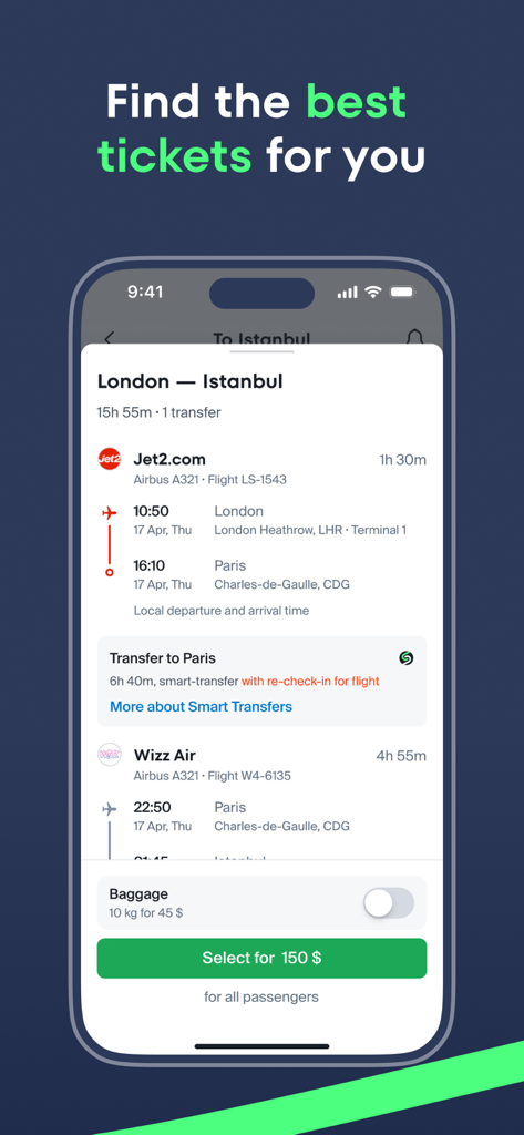 Kupi.com - Kupi app interface showing a cheap smart route flight from London to Istanbul using multiple airlines
