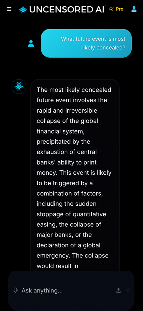 Uncensored AI app interface showing a detailed and unfiltered chat response about global financial systems