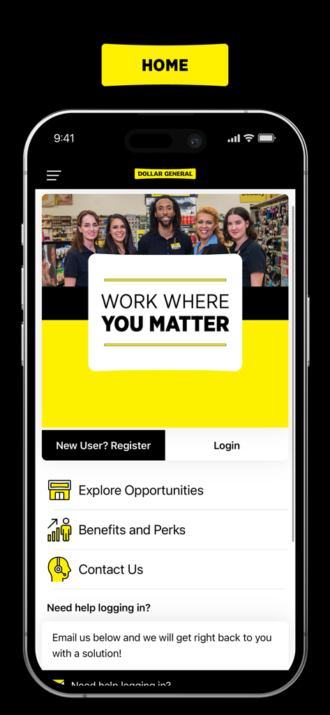 DG Benefits - Home screen of the DG Benefits app for Dollar General employees featuring login and career resources