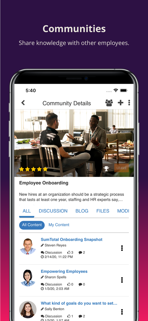SumTotal Mobile app screen showing the employee onboarding community with discussions and knowledge sharing features
