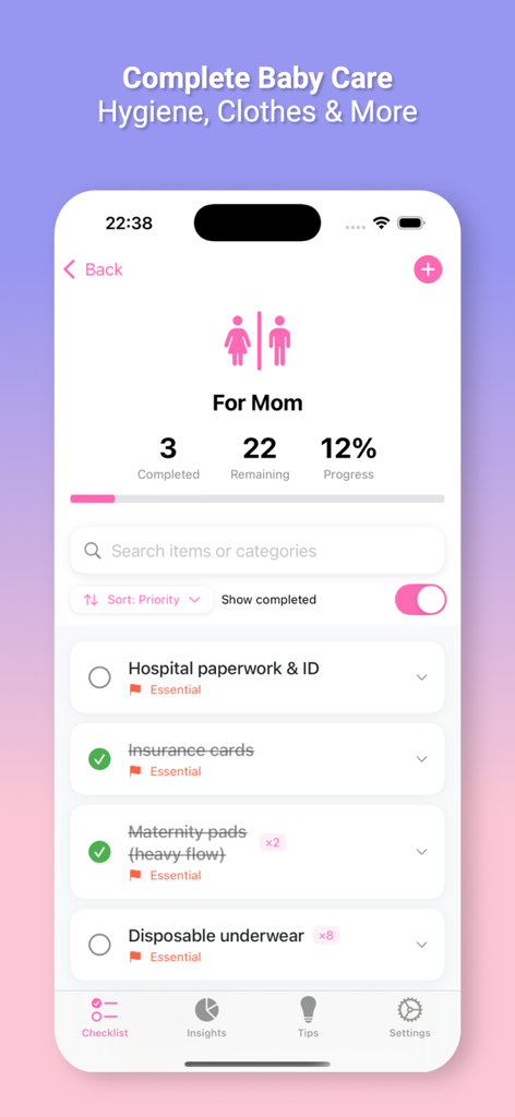 A mobile app interface showing a checklist of hospital bag essentials for expectant mothers with progress tracking and essential item labels.