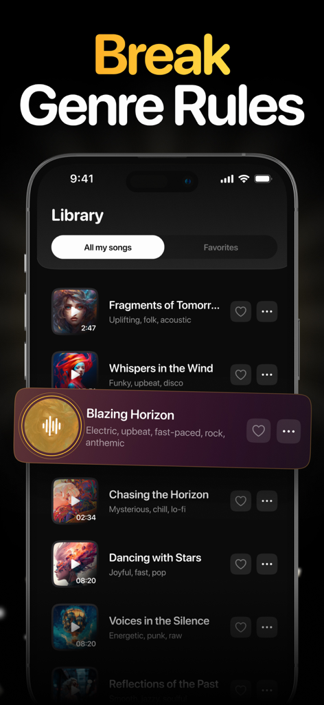 AI Music & Song Maker - Solo - Interface of the Solo AI music app showing a personal song library with a list of generated tracks and the text Break Genre Rules.
