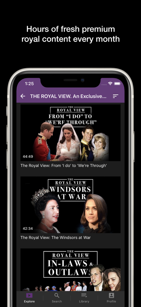 True Royalty TV - True Royalty TV app interface showing a list of premium royal documentaries