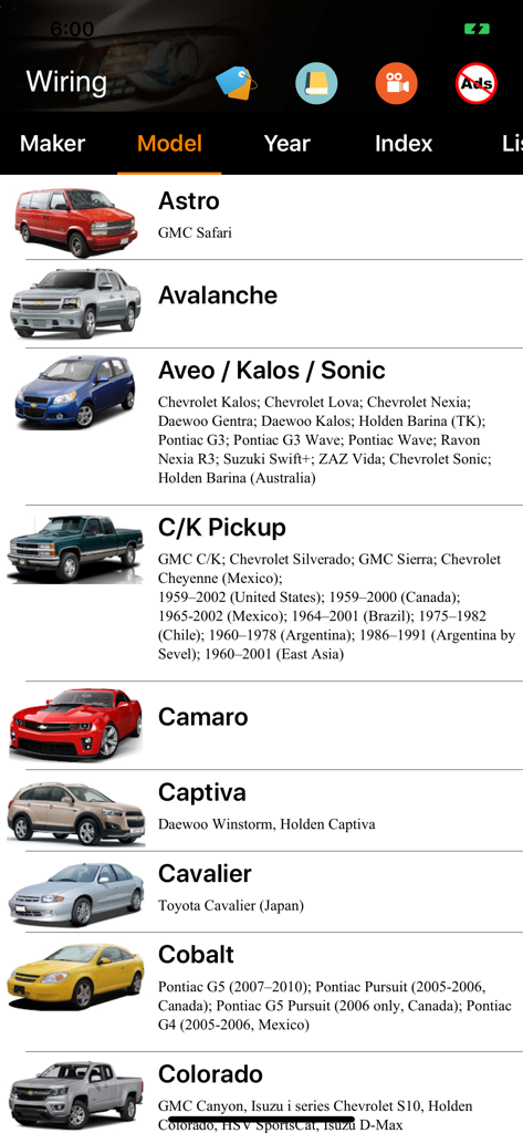 Interface of the Carmin app showing a scrollable list of car models like Camaro and Colorado with images and descriptions.