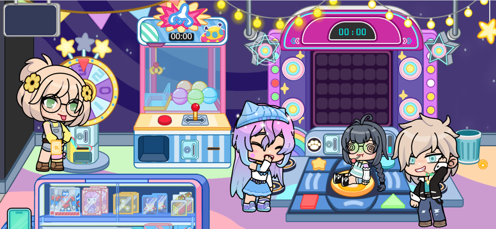 Super City2:Tut Life World - Cuatro personajes estilo anime explorando una colorida sala de juegos con una máquina de garra y un escenario de baile