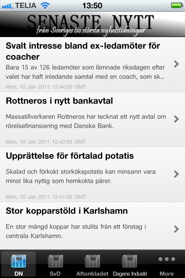 Interface do aplicativo móvel Senaste Nytt mostrando uma lista de manchetes de notícias suecas e fontes de jornais