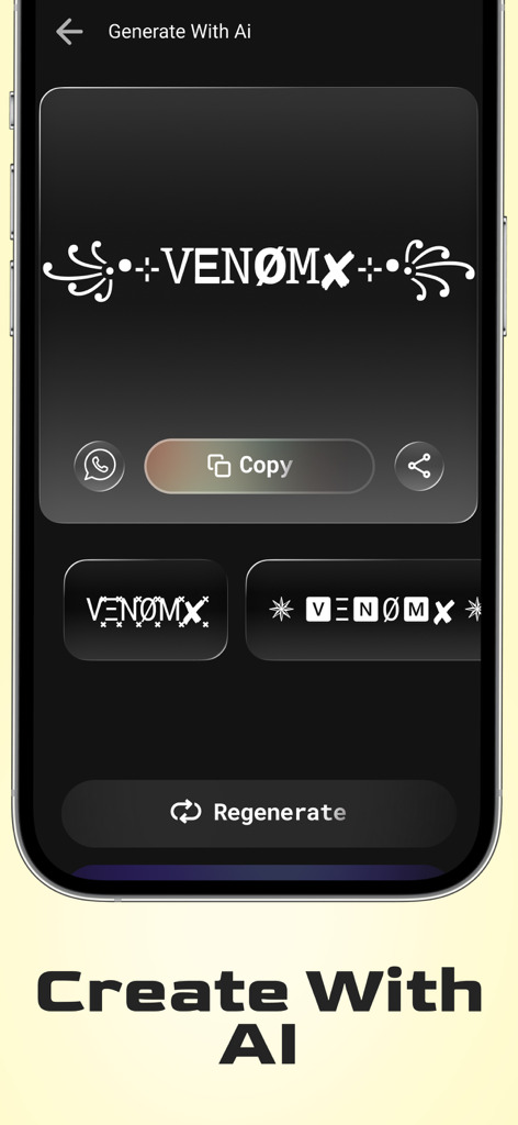 Nickname Generator: Fancy Text - A mobile app interface showing a fancy nickname created with AI using decorative symbols and fonts