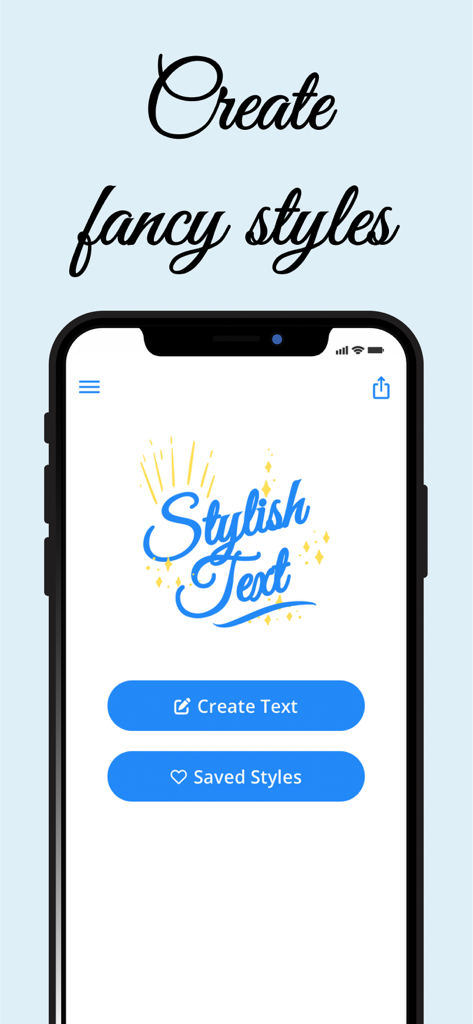 Stylish Text: Font Style App - Pantalla de inicio de la app Stylish Text con opciones para crear texto y acceder a estilos guardados.