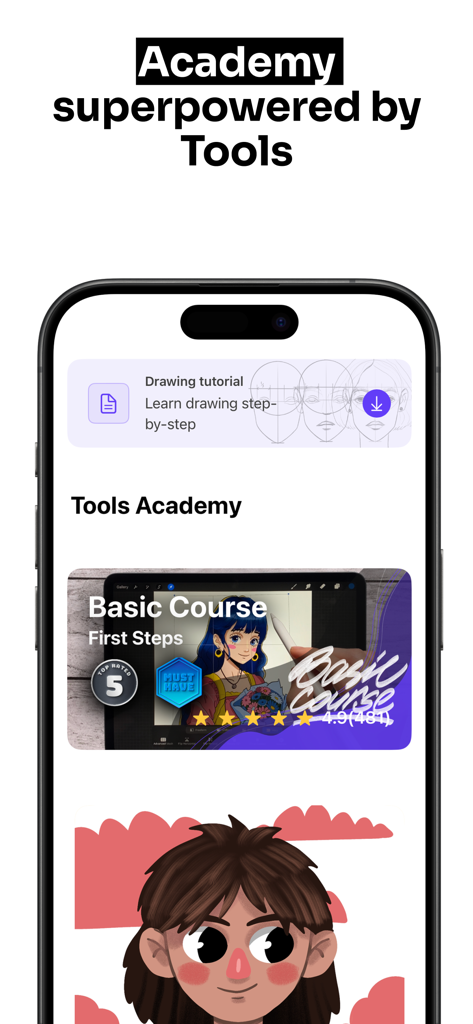 Tools for Procreate - Interfaz de la Academia de Herramientas que presenta tutoriales de dibujo paso a paso y cursos básicos para artistas digitales