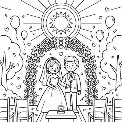 This delightful coloring page captures the magic of a wedding day with a happy couple, a beautiful floral arch, and a radiant sun. It's perfect for young colorists to celebrate love and creativity.