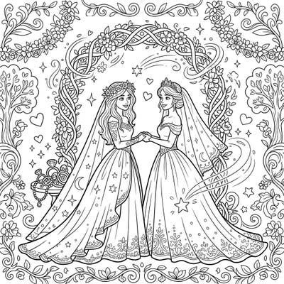 Step into a world where magic meets matrimony with this beautiful Enchantress Wedding coloring page. Two elegant brides, surrounded by floral arches and mystical elements, invite you to celebrate their love story through color.