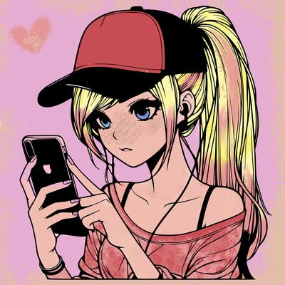 realistic girl with a long ponytail and trucker hat holding an iphone