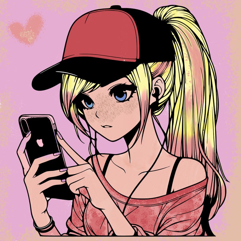 realistic girl with a long ponytail and trucker hat holding an iphone