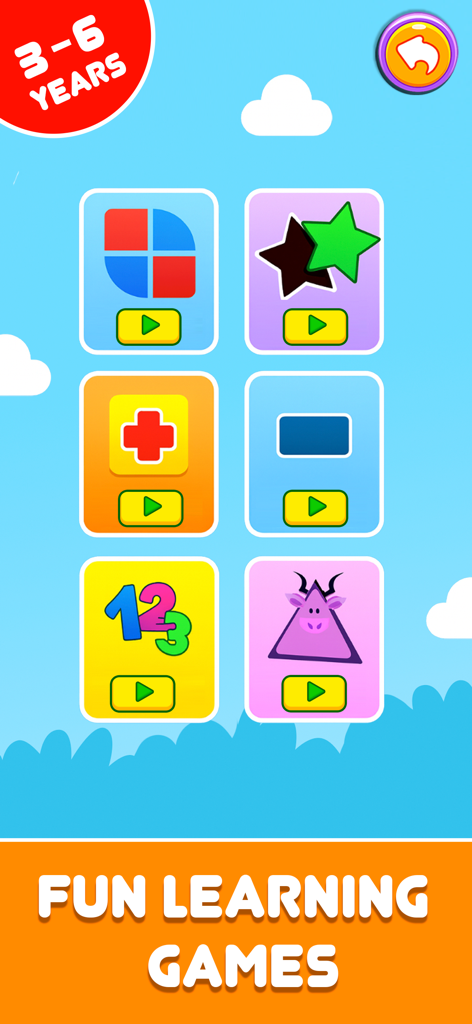 Menú de la aplicación Dino Tim que muestra varios juegos educativos de formas y matemáticas para niños de 3 a 6 años.