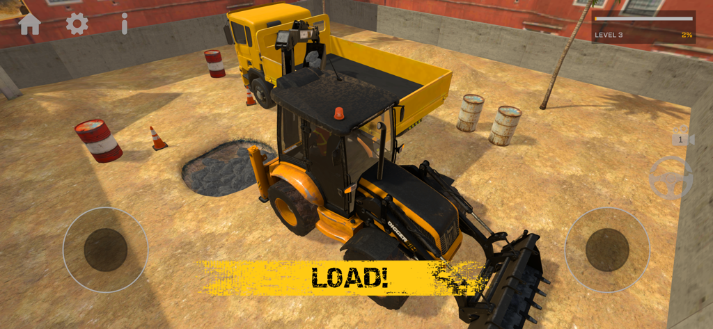 DiggerSim Excavator Simulator - Excavadora amarilla cargando material en un camión en el simulador DiggerSim