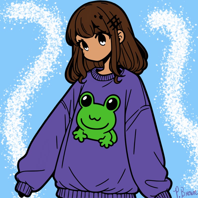 girl wearing frogging sweatshirt