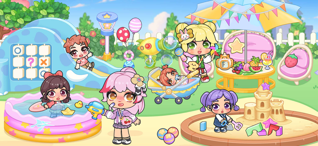 Personajes chibi jugando en un colorido patio de recreo al aire libre con piscina, tobogán y arenero.