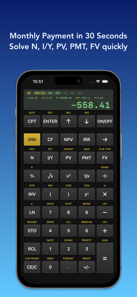 FinCalc BA II Plus emulator app interface showing a monthly payment calculation on an iPhone