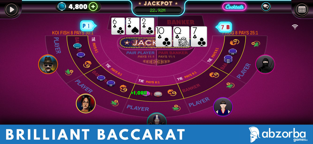 Interfaz de juego multijugador de Baccarat Live con cartas y avatares en una mesa de casino.