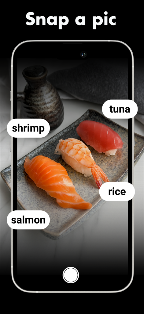 Meshitora: Track My Calories - iPhone interface showing Meshitora app identifying salmon shrimp tuna and rice from a photo of sushi
