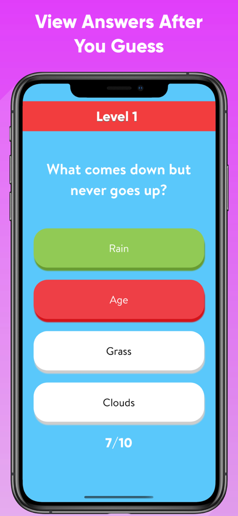 Riddle Test 앱 스크린샷으로 수수께끼와 여러 객관식 답변이 있는 레벨 1을 보여줍니다.