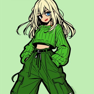 anime teen girl with baggy pants and crop top with sweater