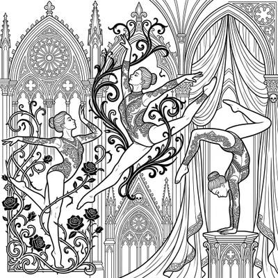 Experience the unique fusion of athleticism and dark aesthetics with this artistic gymnasts gothic coloring page. Delicate movements meet intricate Victorian lace and melancholic architecture, offering a truly captivating coloring challenge.