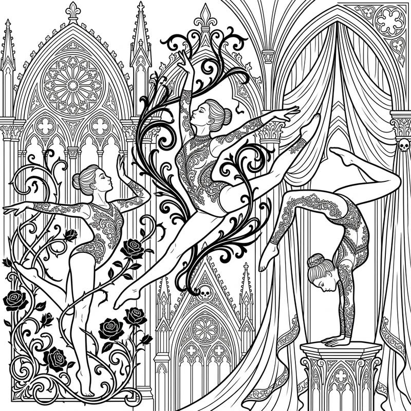 Experience the unique fusion of athleticism and dark aesthetics with this artistic gymnasts gothic coloring page. Delicate movements meet intricate Victorian lace and melancholic architecture, offering a truly captivating coloring challenge.